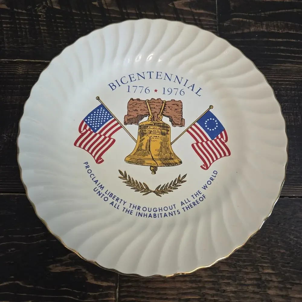 Bicentennial Decor Plate 1776-1976 Gold Rim American Flag Liberty Bell Vintage